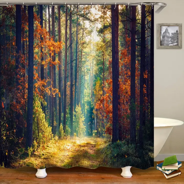 Cortina de Ducha Moderna 3D de Bosque Paisaje de Tierra Verde Impermeable con Ganchos - 1