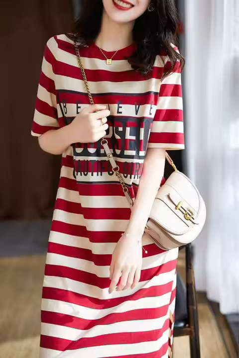 Vestido tipo camiseta holgado con estampado de rayas para mujer, versión coreana, falda de manga corta media y larga, verano - 1