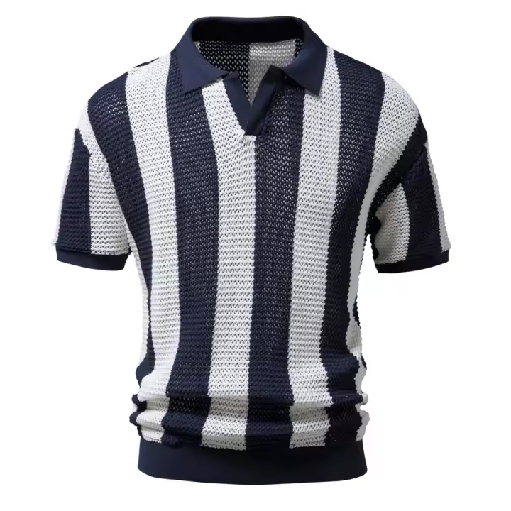 Polos 100% de algodón ahuecados para hombre, Polos de manga corta tejidos con cuello en V transparentes, Polos sexis para hombre, nuevo verano - 1