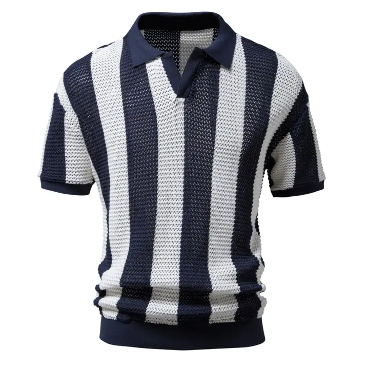 Polos 100% de algodón ahuecados para hombre, Polos de manga corta tejidos con cuello en V transparentes, Polos sexis para hombre, nuevo verano - 1