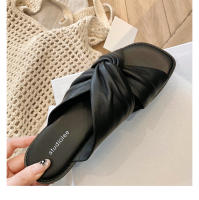 Zapatillas de las mujeres de verano pliegues retorcido fondo plano exterior desgaste sandalias versátil cabeza cuadrada nube media arrastre - details 42