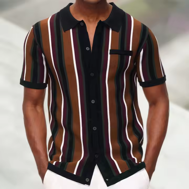 Verano de los hombres cárdigan de punto camiseta de manga corta solapa rayas casual polo camisa de los hombres. - 1