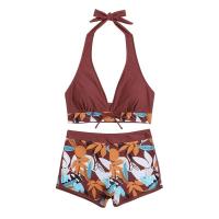 Bikini abierto con estampado de hojas retro en talla grande, conjunto de traje de baño de dos piezas con correas estables para mujer - details 107