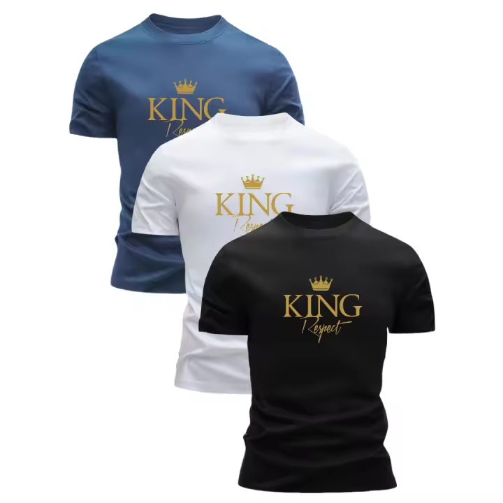 3 camisetas 100% algodón para hombre: cuello redondo de moda, manga corta, estampado de letras con diseño de corona dorada, ligeras y transpirables para uso informal de verano - 1