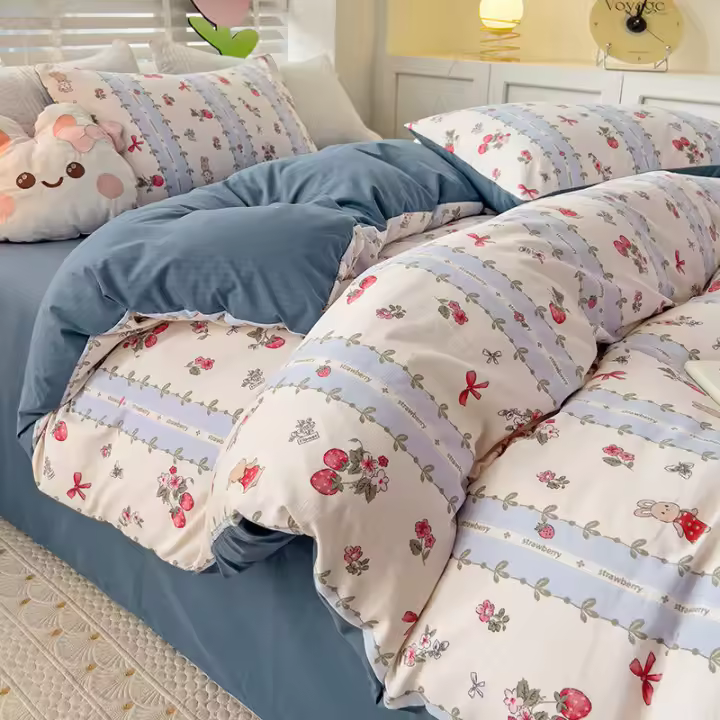 Juego de cama: Sábana ajustable de algodón lavado puro de cuatro piezas, funda de edredón, juego de tres piezas de cama individual para dormitorio de estudiantes: Sábana, funda - 1
