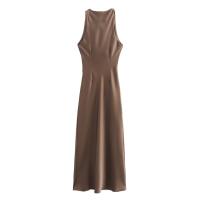 Vestido largo plisado sin mangas para mujer, prenda de seda con textura satinada, cuello redondo, elegante y a la moda - details 3