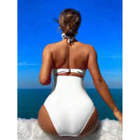 Nuevo traje de baño para mujer, traje de baño de una pieza de cintura alta de Color sólido, Bikini - details 5