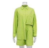 Camisa de manga larga con un solo pecho de color liso, pantalones cortos sueltos, informal de moda nuevo - details 12