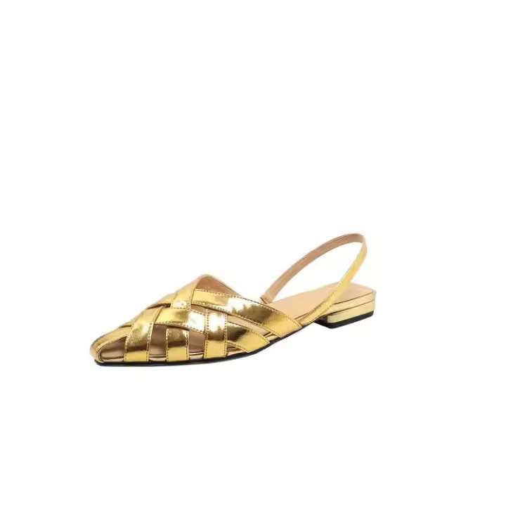 Sandalias de tejido plano con tirachinas para mujer, tacón bajo de 2cm, estilo Xinziyu, con cuero dorado - 1