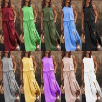 Vestido largo de verano 2025 para mujer, cuello redondo, sin mangas, con abertura, multicolor, color sólido. - details 1