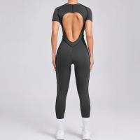 Ropa de Yoga de manga corta ajustada de Color sólido, pantalón largo Sexy con espalda descubierta, mono para entrenamiento de gimnasio, ropa deportiva de secado rápido de una pieza para Fitness - details 27