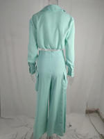 Women casual 2 pieces set elegant turn down collar long sleeve shirt and wide leg pants - details 16