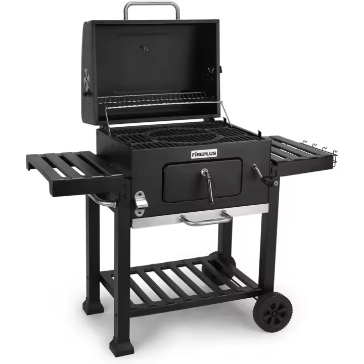 Barbacoa Portátil de Carbón Rodantes, Bandejas Laterales, Sistema de Ventilación y Depósito de Ceniza Parrilla de Acero de 57x42cm Tamaño 116,5x13,1x56cm - 1
