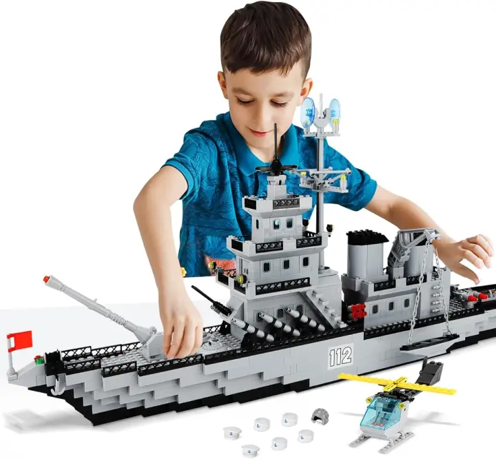 Set de Bloques de Construcción de Barco de Batalla Militar Juguete con Helicóptero y Barco de Vida Urbana Regalo Ideal para Niños - 1