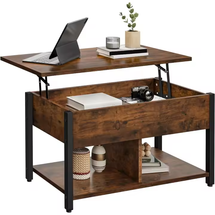 Mesa de Centro con Tapa Elevable, 2 Niveles, Mesa de Centro de Altura Ajustable con Compartimento de Almacenamiento Oculto y Estante para Sala de Estar, Oficina, Marrón Rústico - 1