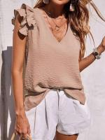 Camisa casual elegante con cuello en V para mujer, parte superior lisa con ribers de oficina, mangas de hoja de loto, verano - details 7