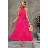 Vestido estilo bohemio mujer verano con cinturón，Sin mangas halter Dobladillo con volantes - details 9