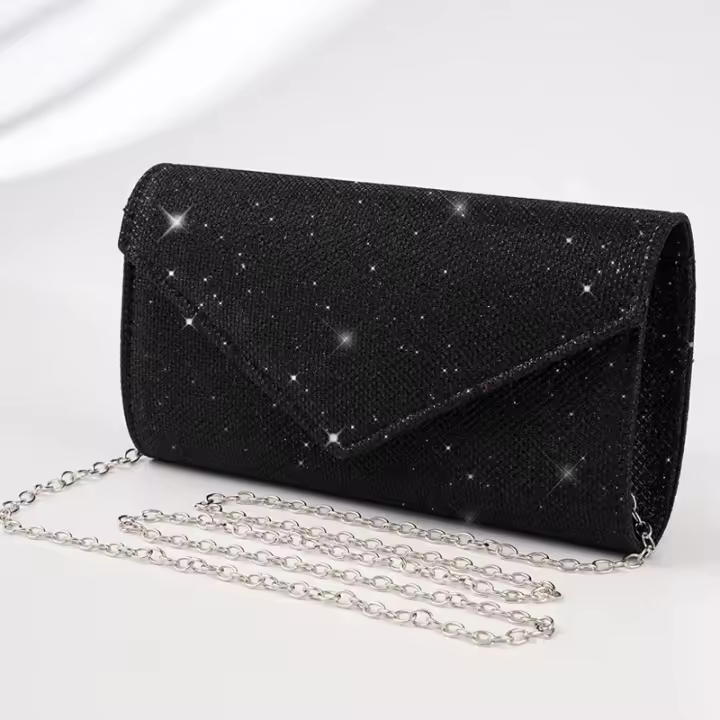 Bolso con solapa de sobre brillante para mujer, monedero largo con cadena, bolso de noche plateado brillante, billetera pequeña para mujer - 1