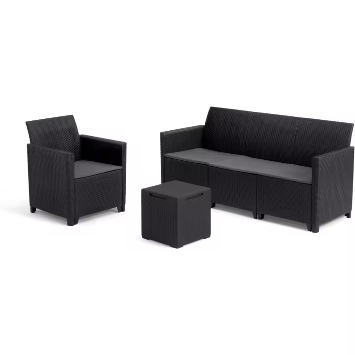 Nora Conjunto de jardín Exterior 4 plazas con Cojines incluidos y Mesa de almacenaje Auxiliar de 35L, Posibilidad de 2 configuraciones de Montaje (2+2 o 3+1), Color Grafito - 1