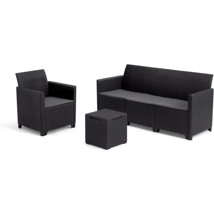 Nora Conjunto de jardín Exterior 4 plazas con Cojines incluidos y Mesa de almacenaje Auxiliar de 35L, Posibilidad de 2 configuraciones de Montaje (2+2 o 3+1), Color Grafito - 1