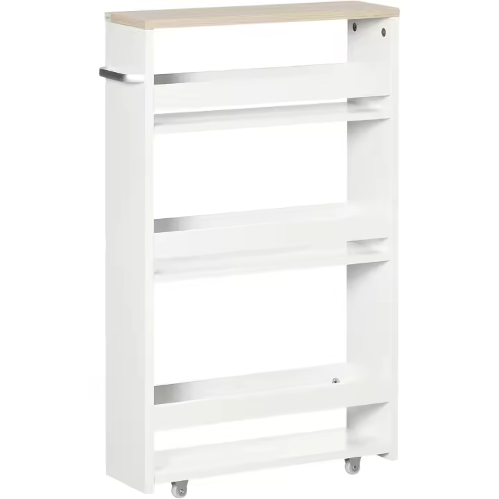 Estantería de almacenamiento para baño de 3 niveles, estantería estrecha con asa lateral, estantería con ruedas para cocina, salón, estilo moderno, 48x15x80 cm, blanco - 1