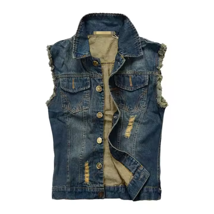 Chaleco vaquero informal para hombre con estilo de cuello, ajustado, sin mangas, rasgado, moda Hip Hop, Material exterior de algodón - 1