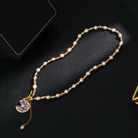 Color púrpura chara hadas collar de perlas de agua dulce para mujeres oro real chapado micro incrustado con circonitas púrpura colgante gargantilla - details 1