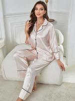 Ropa de dormir de satén de seda, pantalones con cuello ranurado, conjunto de camisón de 2 piezas, Tre y otra ropa informal para mujer - details 13