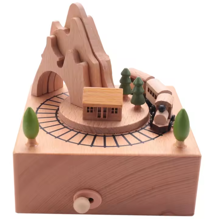 Caja musical de madera con túnel de montaña con pequeños juegos de tren magnético en movimiento - 1