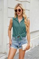 Camisa y blusa de verano para mujer, blusa holgada de gasa de Color sólido sin mangas con botones, hermosa en promociones, Tops femeninos - details 20