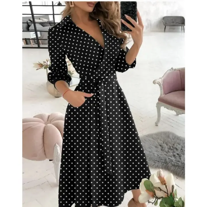 Vestido de Oficina de Moda Primavera-Otoño Cuello en V, Manga Larga, Bolso a la Cintura para Mujeres - 1