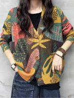 Suéter de mujer de lujo suelto con estampado floral Masss Wasss de primavera cardigan de talla grande con cuello en V de algodón y poliéster para el ocio lavado a mano - details 1
