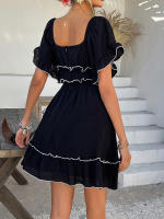2025 primavera y verano estilo de vacaciones de ocio europeo y americano color sólido borde de hongo vestido de manga corta falda corta para mujer - details 7