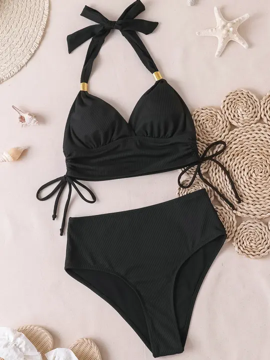 Conjunto de bikini sexy push up Traje de baño acanalado para mujer Traje de baño halter con lazo lateral de dos piezas - 1