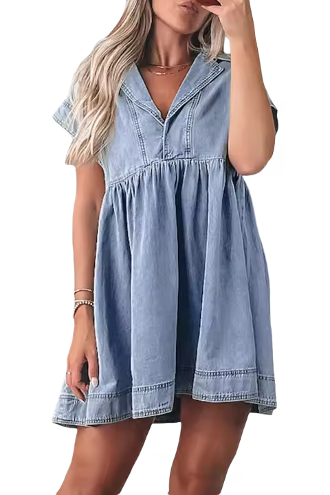 Elrachen Vestido de mezclilla de cintura alta Babydoll para mujer, Beau Blue, tallas S-XL - 1
