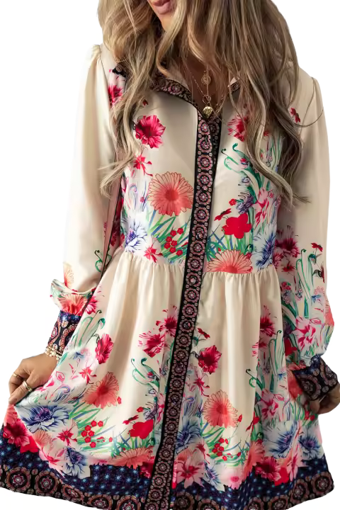 Elrachen Vestido corto de cintura alta con botones y estampado floral de albaricoque para mujer, albaricoque, tallas S-XL - 1