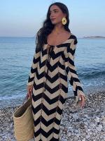 Vestidos de punto a rayas para mujer, vestido Maxi de playa con cordones de manga larga para mujer, batas ajustadas de punto con cuello cuadrado calado - details 8