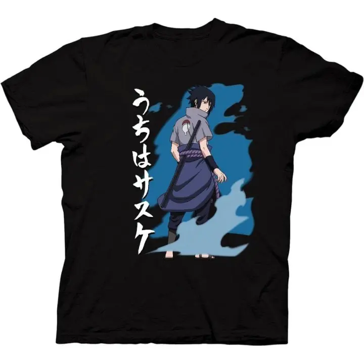 Camiseta de manga corta de Naruto Shippuden para hombre, Sasuke Uchiha, llama azul, cuello redondo - 1