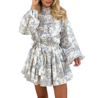 Vestido camisero con cordones estampado Vintage para mujer, moda Primavera Verano, minivestidos plisados ​​de manga larga con volantes para mujer - details 14