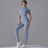Hamidou-body de Yoga para mujer, ropa moldeadora deportiva de manga corta con cremallera, traje de gimnasio de una pieza, mono de nailon de Color sólido - details 24