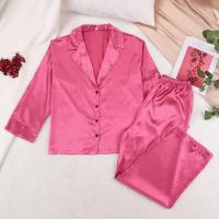 Conjunto de pijama sexy para mujer Bo Cut, tres pantalones informales sueltos de manga larga, top cómodo para el hogar de seda satinada suave, 2 piezas - details 4