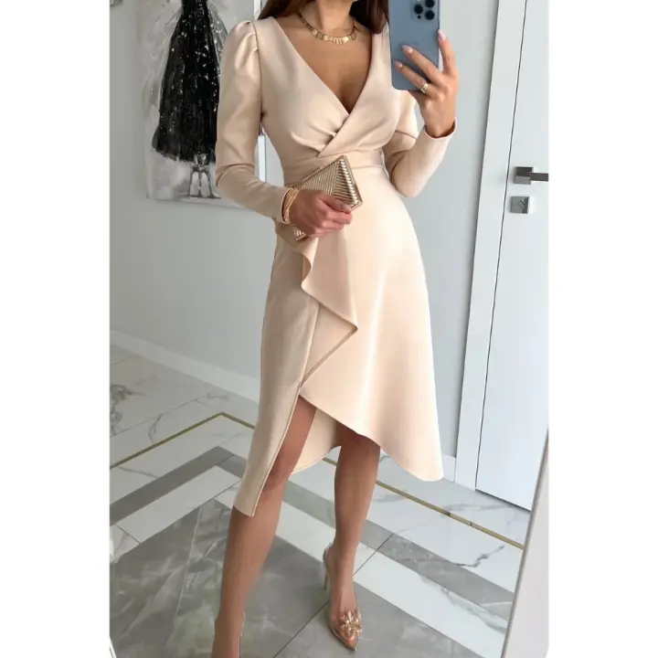 Vestido Corto de Cóctel con Escote en V y Mangas Largas, Cremallera Trasera + Volantes en Bajo - Ajustado Elegante para Fiesta, Noche, Eventos Especiales - 1
