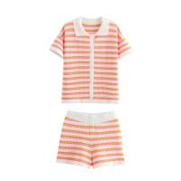 Top elegante de media manga con solapa para mujer, conjunto corto de cintura alta, camisa con estampado de rayas, pantalones cortos, traje a rayas a la moda para mujer - details 2