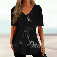 Camiseta Gráfica de Gato Kawaii Manga Corta, Estampado Haruku, Cuello en V, Ropa Suelta para Mujeres - details 30