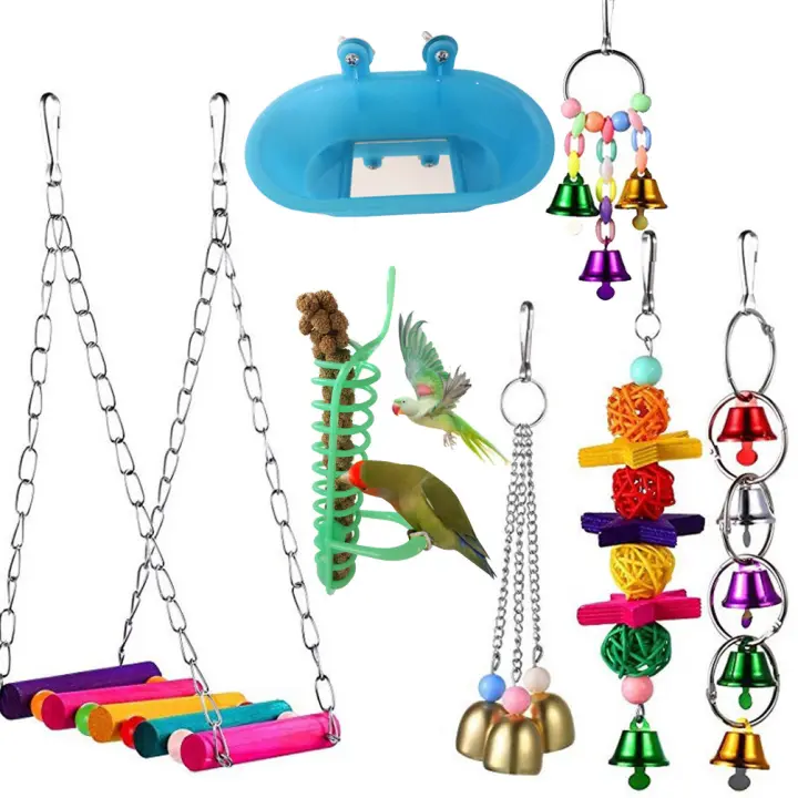 Juguete de Pájaro para Periquito 7 Psc/ Paquete Juguetes de Madera para Masticar y Colgar Swing Foraging Bathtub Campana de Cuerda Juguete de Pulgadas Pequeñas Ideal para Interiores - 1