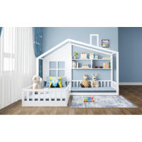 Cama de Madera Sólida con Ventana y Chimenea en Forma de Casa Caja de Cama de Almacenamiento con Persianas Blanco Muebles y Organización - details 3