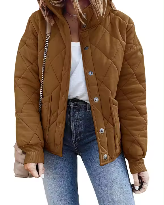 Chaqueta informal acolchada de manga larga para primavera y otoño para mujer, cuello alto, con bolsillos - 1