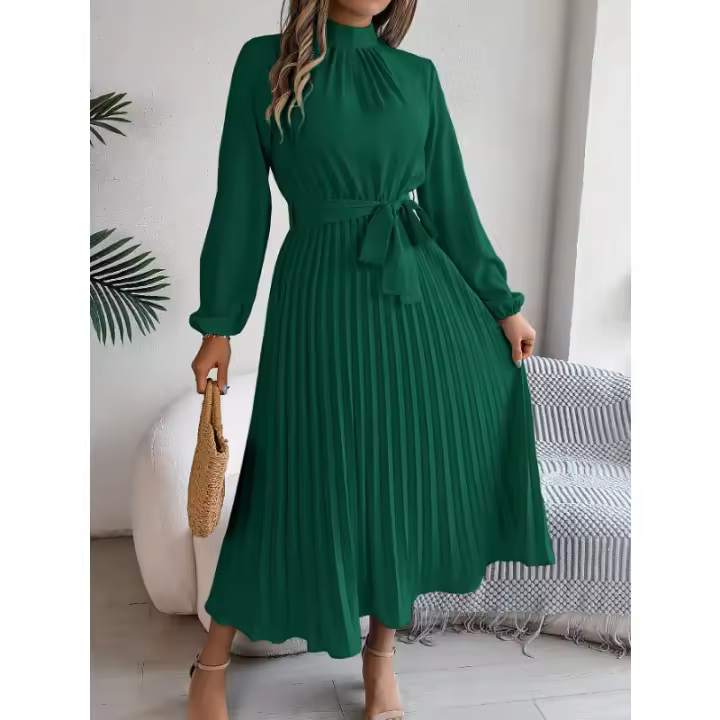 Falda larga plisada de manga larga con cuello alto para mujer, vestido pequeño, ropa elegante, Otoño e Invierno - 1