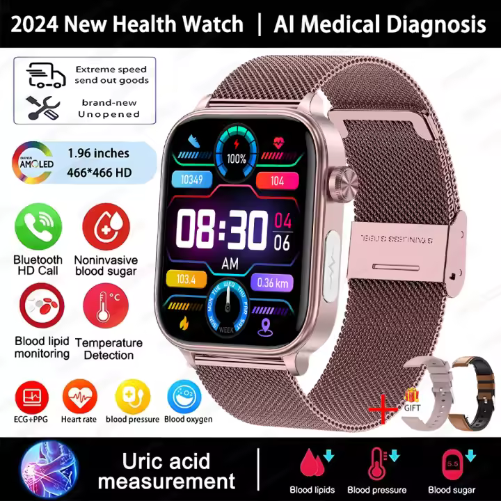 PORCHEDDU 2024 Nueva Ia Diagnóstico médico Azúcar en sangre 1,96 inch 360*360 AMOLED HD Pantalla complete táctil Reloj inteligente hambres y Mujeres lípidos sanguíneos,ácido úrico,ECG + PPG,Bluetooth Llamada, reloj de fitness multifuncional intelente - 1