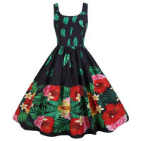 Women vintage spaghetti strap floral print high waist elegant sleeveless a-line party midi dress - details 19